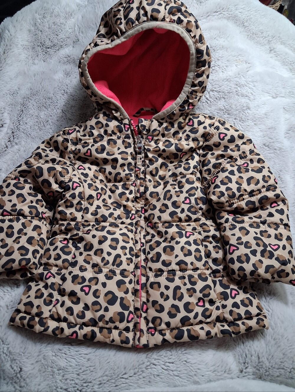 healthtex Leopard-Print Puffer Jacket with Pink Hood Lining